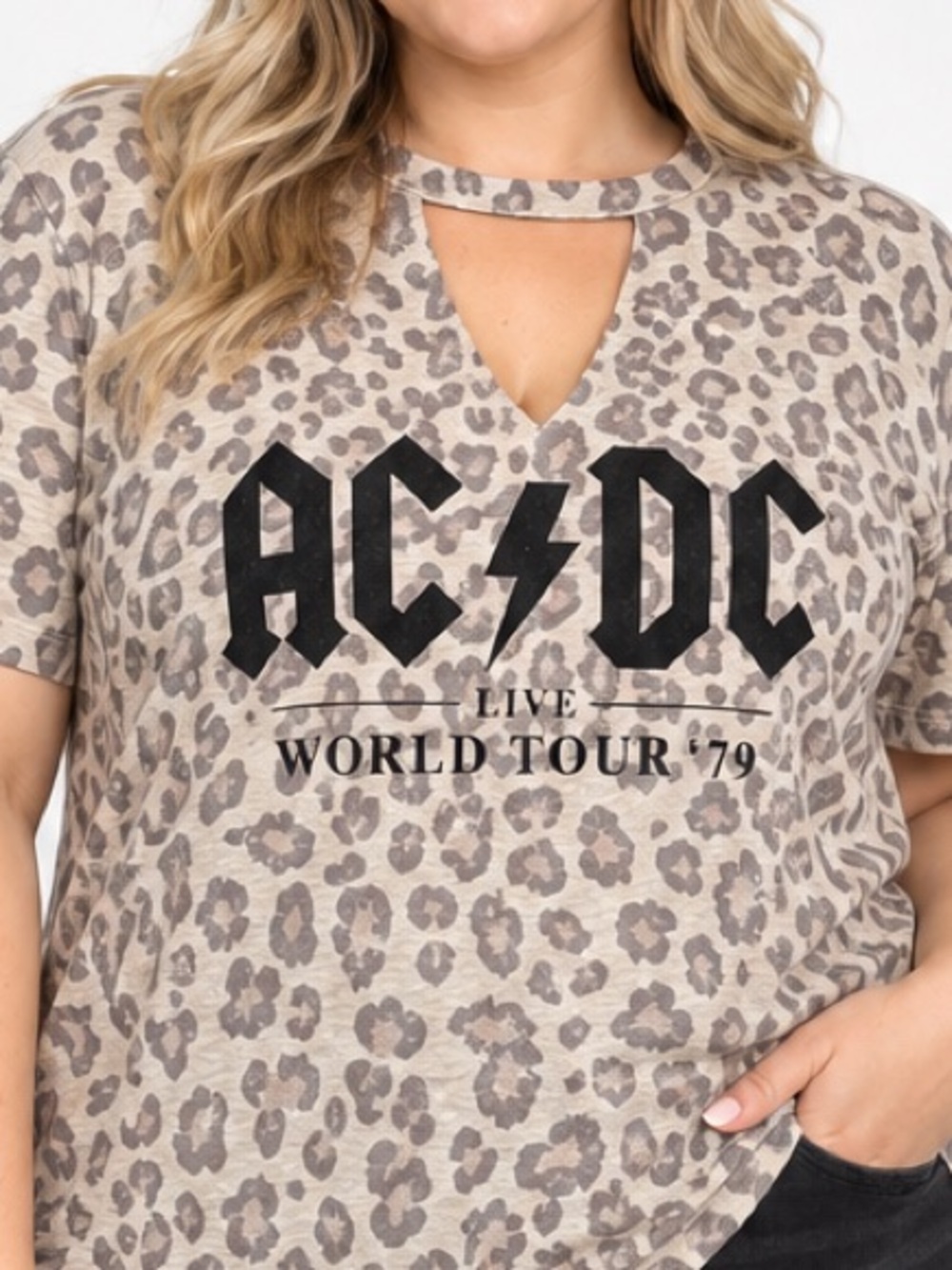 Taupe Leopard AC/DC Keyhole Short Sleeve Tee